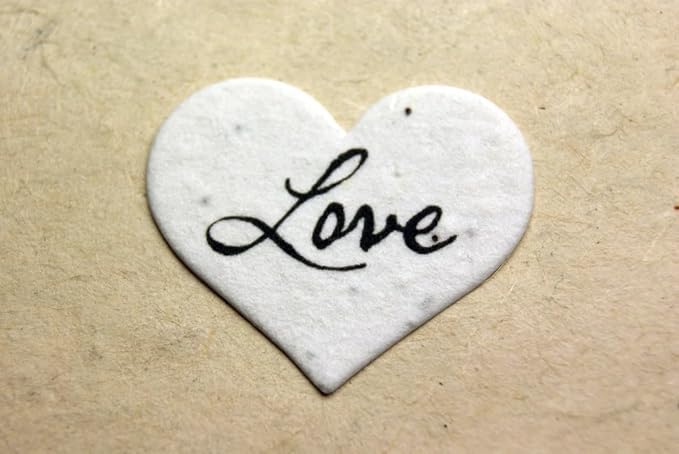 Of The Earth Handmade Paper - Wildflower Seed Paper Small Heart Tags - Calligraphy Variations - 1.75" X 1.5" - Set of 50 (Love)