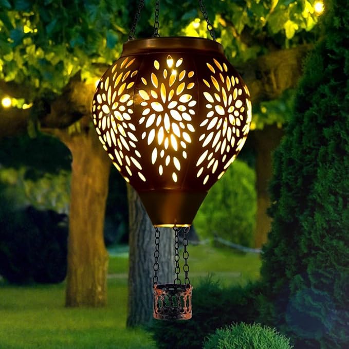 Hot Air Balloon Solar Lantern, Flower Hollow Out Solar Powered Hot Air Balloon Lantern Outdoor Waterproof, Metal Hanging Hots Airs Balloons Solars Light for Outdoor Patio Garden Decor