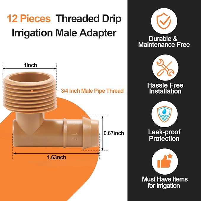 12 Pieces 3/4 Inch PVC to 1/2 Inch Drip Irrigation Adapter Fittings, 3/4" Male Pipe Thread(MPT) x 1/2" Drip Line Barbed Elbow Connectors 3/4-in PVC to 1/2-in Poly Tubing Adapter