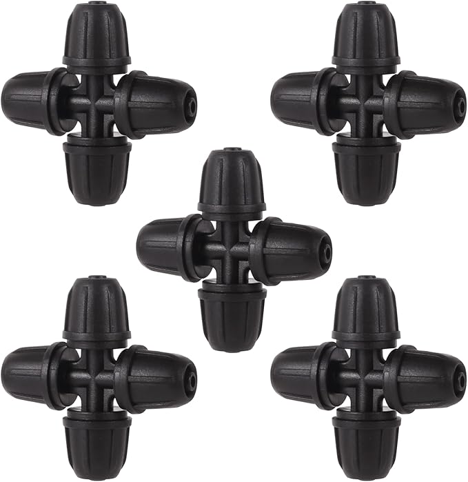 1/4 inch Drip Irrigation Fittings, Lock Barbed 4 Way Couplings for ¼ in. tubing; Tubing Outside Diameter (OD) is 0.250 in., Internal Diameter (ID) is 0.170. in.(20Pcs/Pack) (Black-4-Way)
