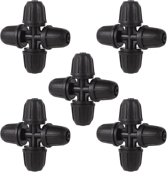 1/4 inch Drip Irrigation Fittings, Lock Barbed 4 Way Couplings for ¼ in. tubing; Tubing Outside Diameter (OD) is 0.250 in., Internal Diameter (ID) is 0.170. in.(20Pcs/Pack) (Black-4-Way)