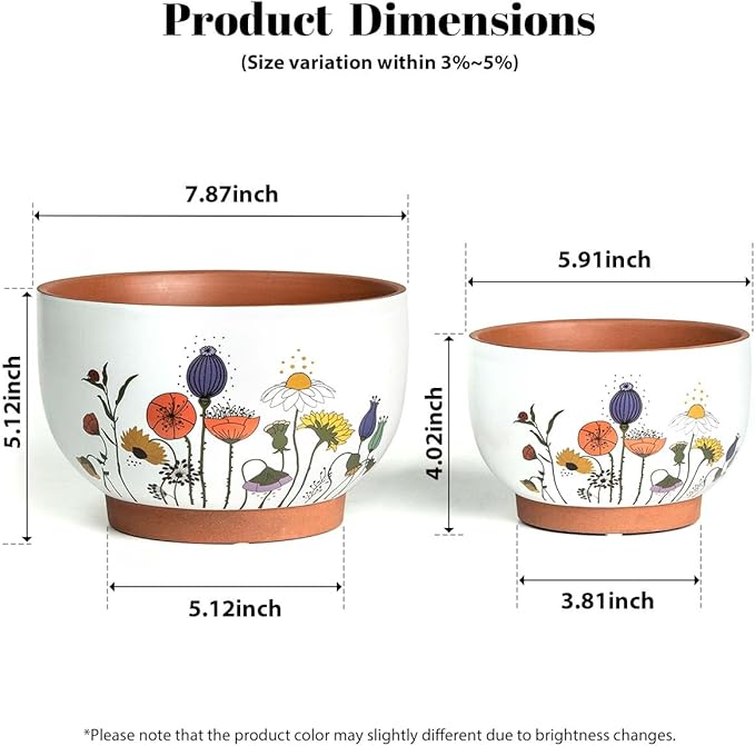 YBX 8 Inch & 6 Inch Terracotta Pots, Plant Pots Indoor, Flower Pots for Indoor Plants with Drainage, Planters with Floral Accent for Indoor Plants (French Country)