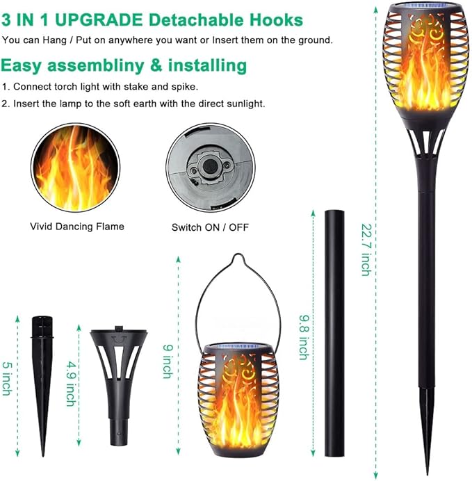 4Pack Solar Torch Light with Flickering Flame, Upgraded 3in1 Solar Lights Outdoor Hanging Lantern, Waterproof Landscape Decoration Lighting for Garden Yard Pathway Driveway, Auto On/Off