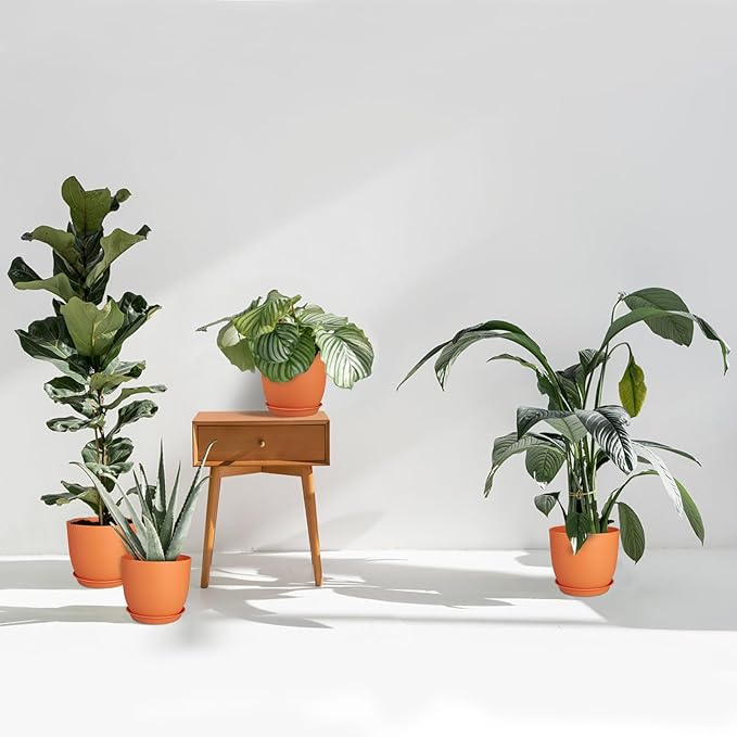 8 inch Plant Pots Set of 4 Pack, Plastic Planters with Drainage Holes and 4 Saucers, Morden Decorative Creation Flower Pots for Indoor & Outdoor Garden House Plants, Orange