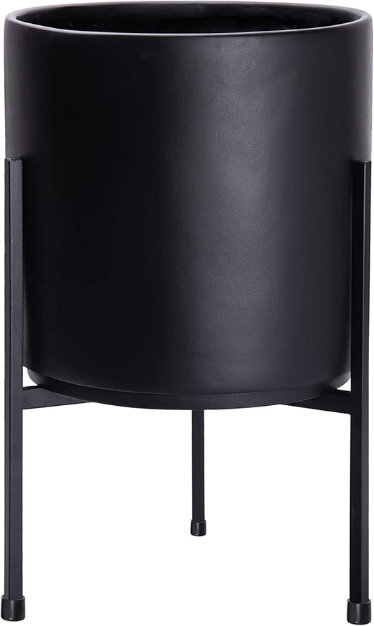 D'vine Dev Modern Black Plants Pot Cylinder Planter with Heavy Duty Stand, Medium 10 Inch Pot, 16.3 Inch with Stand Height, 96-T-B-2