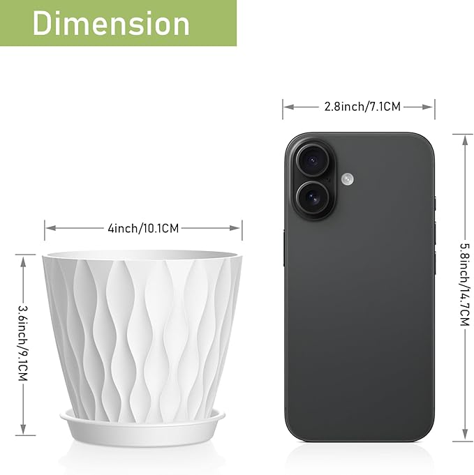 12 Pack 4 Inch Small Plant Pots with Saucers, 3D Textured Plastic Planters with Drainage Holes for Indoor and Outdoor Plants, Flowers, Herbs, Succulents, and Seedlings, White