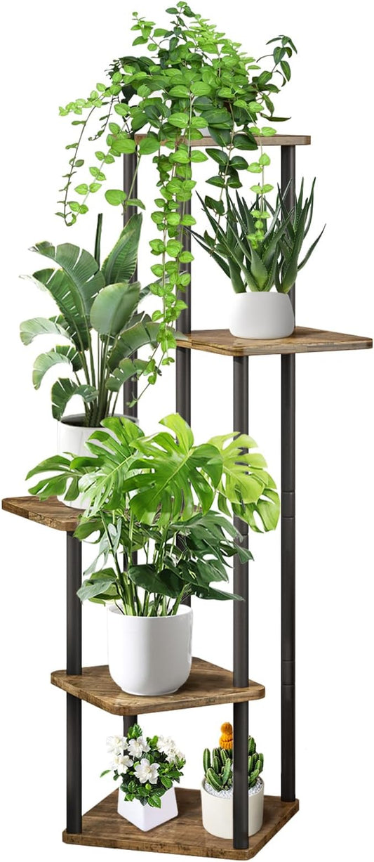 5 Tier Wood Tall Plant Stand Metal Rack Indoor, Multiple Flower Pot Holder Shelves Corner Rack, Planter Shelf Display Rack Storage Organizer for Patio Living Room Balcony Garden(Black)