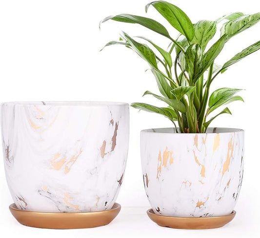 8 Inch Ceramic Plant pots (Set of 2), 8 Inch 7 Inch Modern Flower Planter, Gold Marble Gardening Pots with Drainage Hole and Saucer for Outdoor Indoor Yard Garden Home Office Decoration.
