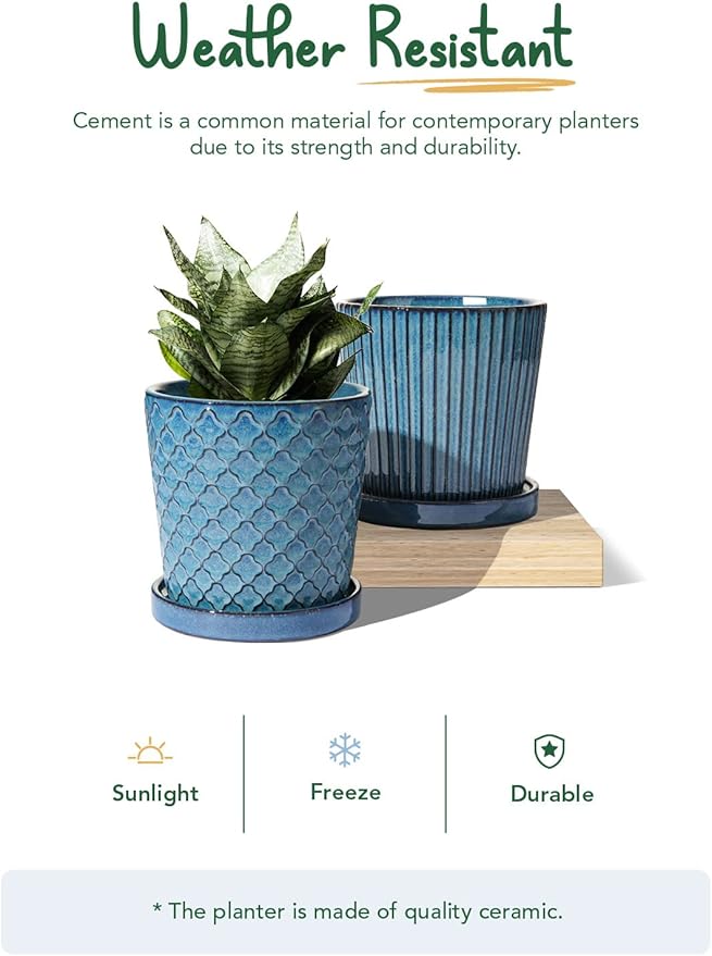 LE TAUCI Ceramic Plant Pots, 5.5 Inch Pots for Indoor Plants, Planters with Drainage Hole and Saucer, Flower Pots for Succulent, Snake Plants and Cactus, Set of 2, Reactive Glaze Blue