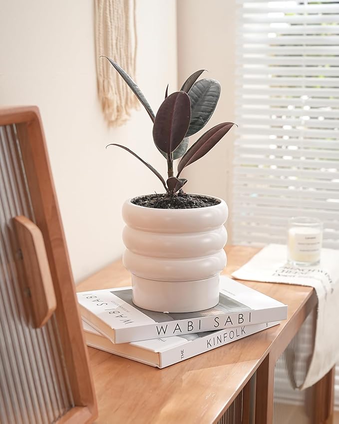 Bubble Ceramic Plant Pots with Drainage Holes and Saucers,6 inch Medium Flower Pots Modern Decor Planter for Indoor Plants(White)