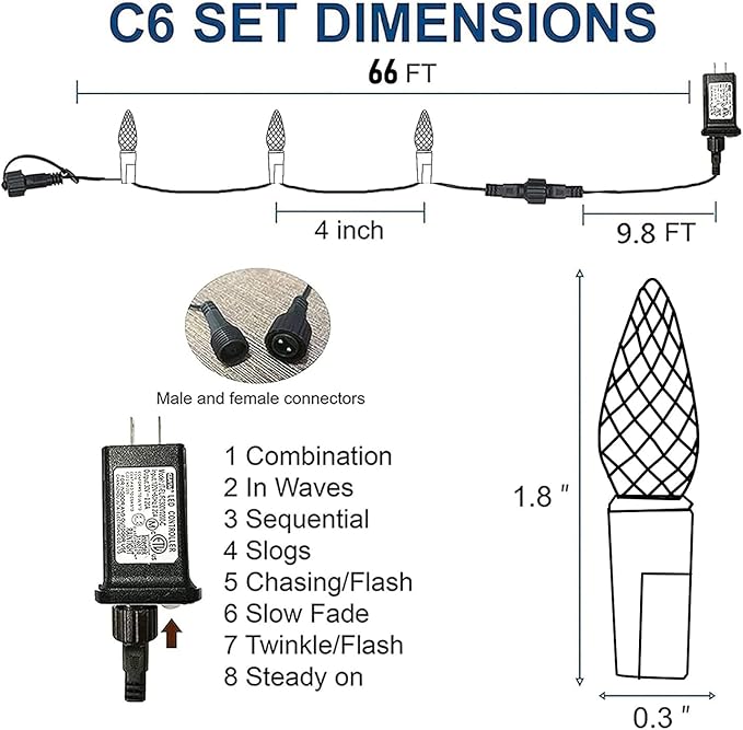 Dazzle Bright C6 Christmas String Lights, 200 LED 66 FT Waterproof Connectable String Lights with Timer, 8 Modes Christmas Lights for Indoor Outdoor Home Garden Yard Xmas Tree Decoration (Green)