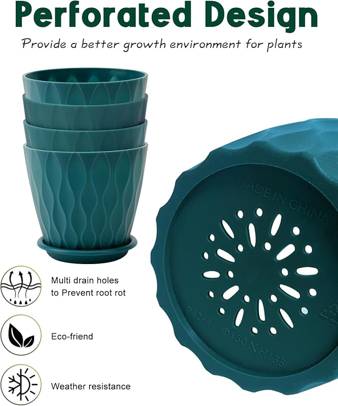 6 Inch Indoor Planter Pots with Drainage Hole and Tray Saucer,Flower Pots for Indoor Outdoor Garden Plants and Flowers, Multicolor, 5 Packs (Blue)