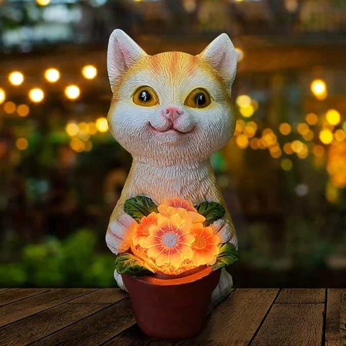 YODY Solar Garden Statues Outdoor Decor- Yard Decorations for Patio, Balcony, Backyard, Lawn Ornaments - Cat Statue with Flower Pot- Unique Cat Lover Gifts for Mom, Grandma, Women