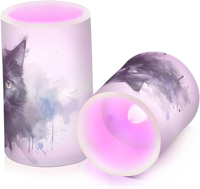 Flickering Flameless Candles, Black Cat Print LED Candles with Remote Timer, Set of 2 Battery Operated Candle for Valentine Wedding Birthday