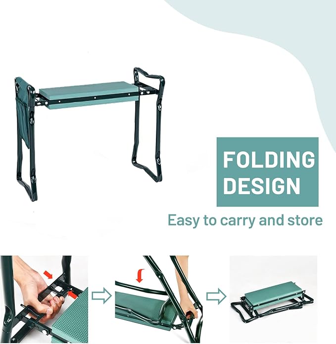 2-in-1 Garden Kneeler and Seat, Folding Garden Seat w/EVA Foam Kneeling Pad & Removable Tools Pouch, Sturdy Steel Frame, No Assembly, Portable Heavy Duty Garden Stool for Women Men Seniors