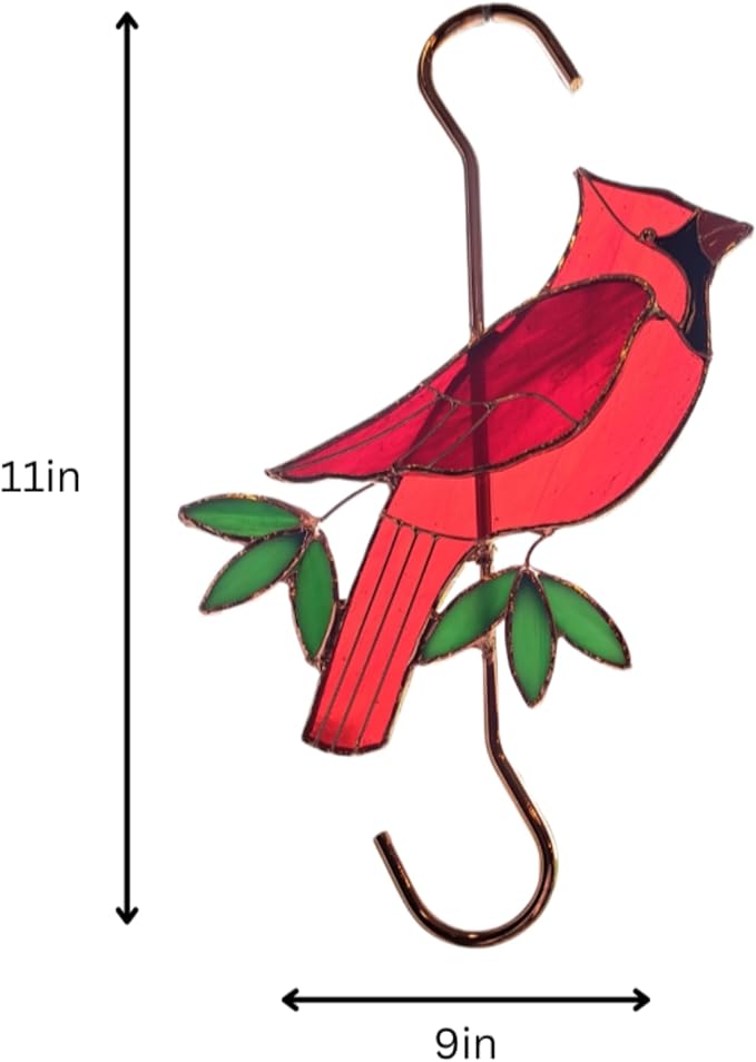 Stained Glass Hanging Plant Hook - Red Cardinal Sun Catcher with Copper S Hooks Top and Bottom for Indoor and Outdoor Use