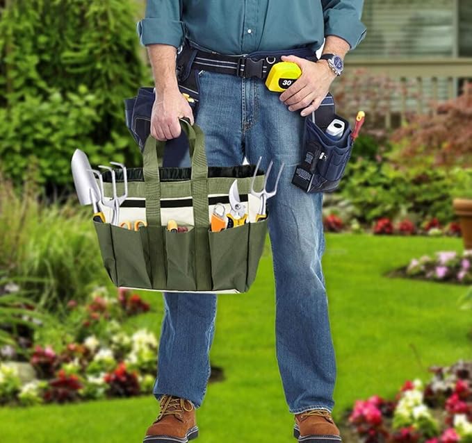 Gardening Tote Bag Garden Tool Bag with 9 Pockets Garden Tote Organizer Bag Gardening Tool Kit Holder Oxford Bag Gardening Tools Storage Organizer Tote Bag for Outdoor Garden Lawn Yard