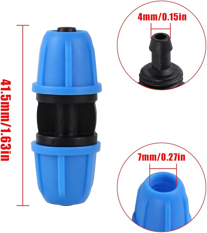 1/4 inch Drip Irrigation Fittings, Lock Barbed Coupling for ¼ in. tubing; Tubing Outside Diameter (OD) is 0.250 in., Internal Diameter (ID) is 0.170. in.(25Pcs/Pack) (Blue-Coupling)