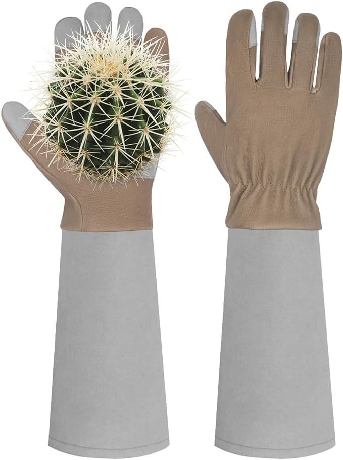 HANDLANDY Pruning Gloves Long for Men & Women, Pigskin Leather Rose Gardening Gloves- Breathable & Durability Gauntlet Gloves (Grey-brown, Small (Pack of 1))