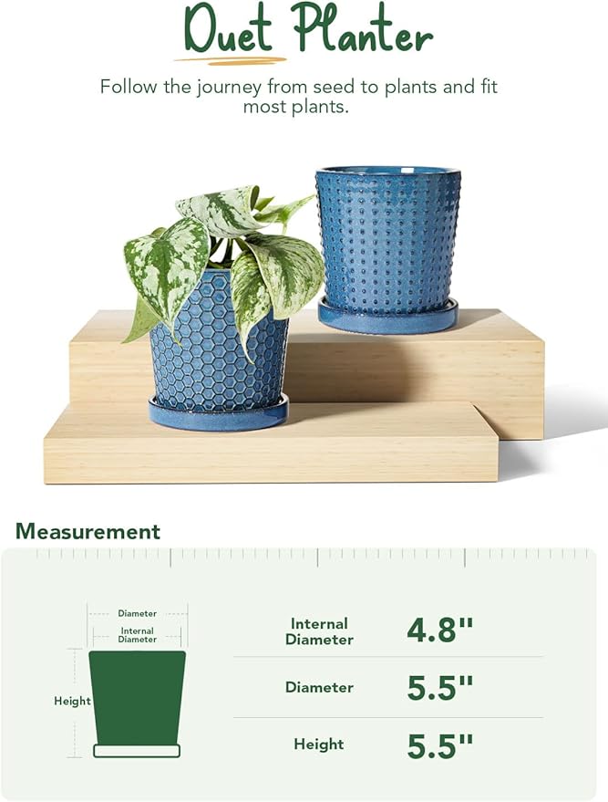 LE TAUCI Ceramic Plant Pots, 5.5 Inch Pots for Indoor Plants, Planters with Drainage Hole and Saucer, Flower Pots for Succulent, Snake Plants and Cactus, Set of 2, Reactive Glaze Blue