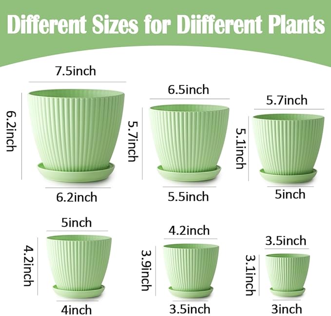 Plant Pots with Drainage Holes and Tray Saucer 7.5/6.5/5.5/4.9/4.2/3.5 Inches Flower Pots - 6 Pack Thick and Sturdy Planters for Indoor Plants Such As Orchid, Succulent and Herbs, Green
