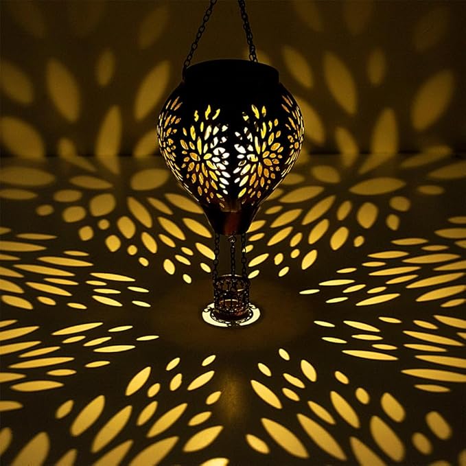 Hot Air Balloon Solar Lantern, Flower Hollow Out Solar Powered Hot Air Balloon Lantern Outdoor Waterproof, Metal Hanging Hots Airs Balloons Solars Light for Outdoor Patio Garden Decor