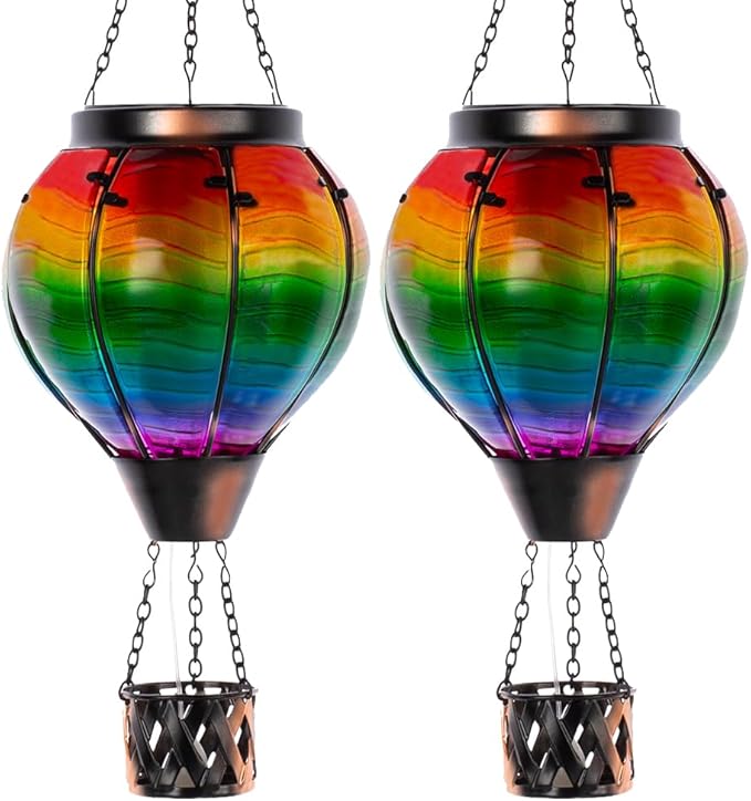 Starsoul 2 PC Solar Hot Air Balloon Lantern with Flame Multi-Color Hot Air Balloon Lantern with Candle Holder Metal & Glass Hanging Garden Light Waterproof Outdoor Lantern Decor