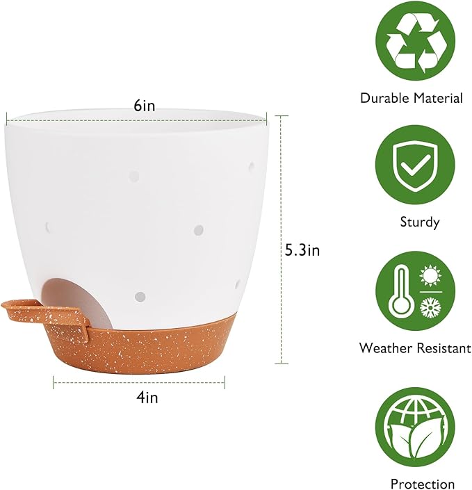 6 Inch Orchid Pots with Holes, 2 Pack Self Watering Planters for Orchids Plastic Orchid Pot Plant Flower Pots for Orchids Indoor Outdoor (White with Brown)