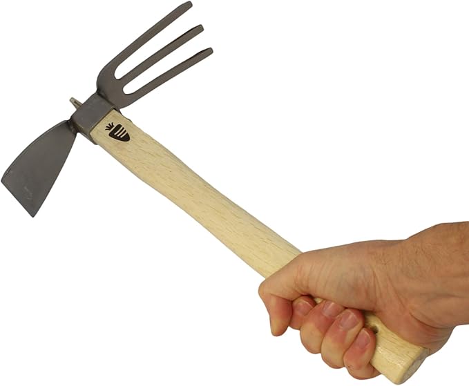 Carrot Design Stainless Japanese Style Garden Hoe and Cultivator Dual Headed Weeding Tool - 3 Prongs Combo Garden Tools with Wood Handle