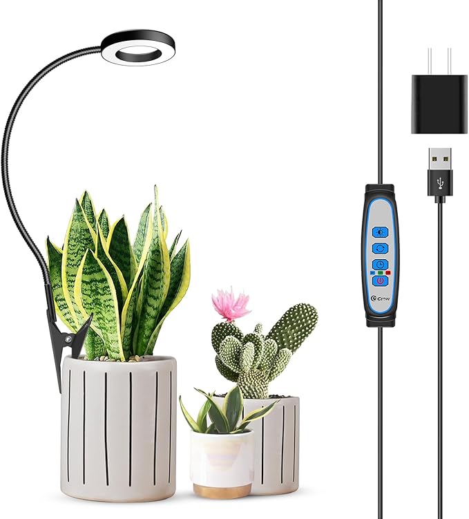 Clip on Grow Light, 6000K Plant Lights for Growing Small Plants, Full Spectrum Grow Lights for Indoor Plants 2 Installation Options, Black Halo LED Grow Lamp with 6/12/16H Timer