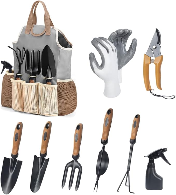 Garden Tool Set,9 Pcs Stainless Steel Gardening Tools with Weeder Cultivator Trowel Sprayer Gloves Storage Organizer,Ergonomic Soft Rubber Handle Garden Tools for Men Women Gift (premium garden tools)
