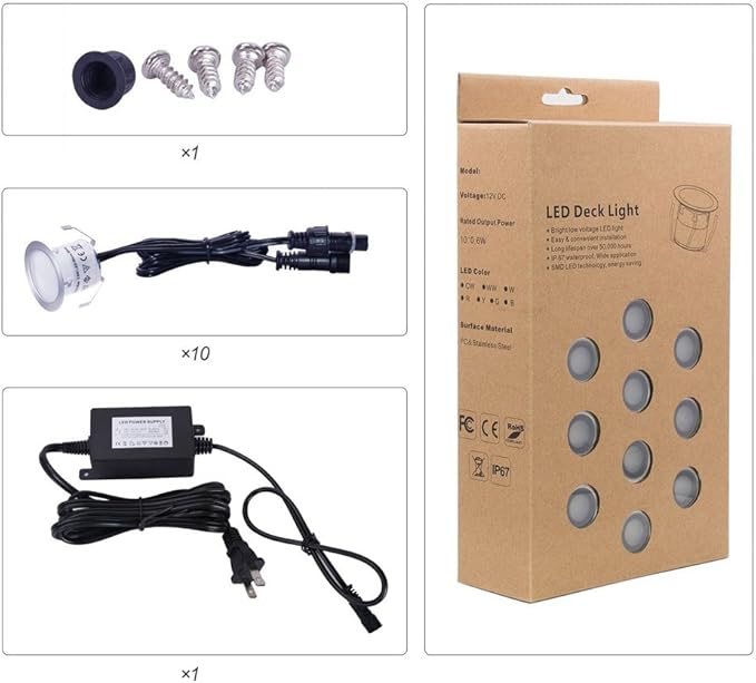 LED Deck Lights Kit 12V Low Voltage Waterproof IP67 Warm White Recessed Deck Lighting In Ground Light for Step Stair Garden Patio Wood Floor Outdoor Landscape Accent Lights Fixtures(Pack of 10)