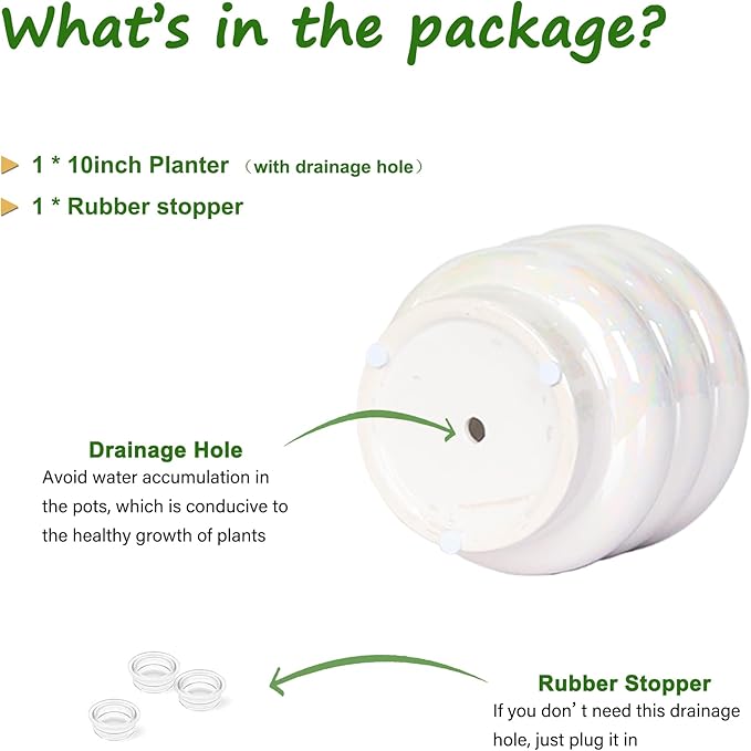 10 inch Ceramic Plant Pots for Indoor Plants, Rainbow Pearl Glaze Planter with Planters for Plants with Drainage Hole, Orchid Pots, Succulent Pot, Large Flower Pot (White)