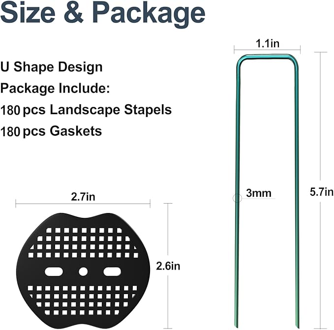 FOTMISHU Landscape Staples 5.7Inch 180Pcs Garden Stakes with 180pcs Gasket, Lawn Pins with Spray Coating Craft,11Gauge Anti-Rust Ground Yard Spikes Anchoring for Outdoor Tents Irrigation Hoses (Green)