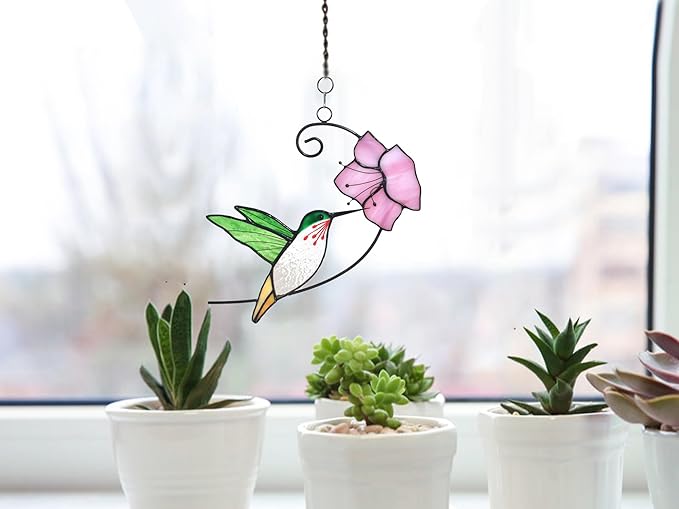 Lolitarcrafts Hummingbird with Flower Stained Glass Suncatcher Bird Stained Glass Window Hangings Hummingbird Gift for Home Decor (Green with Flower)
