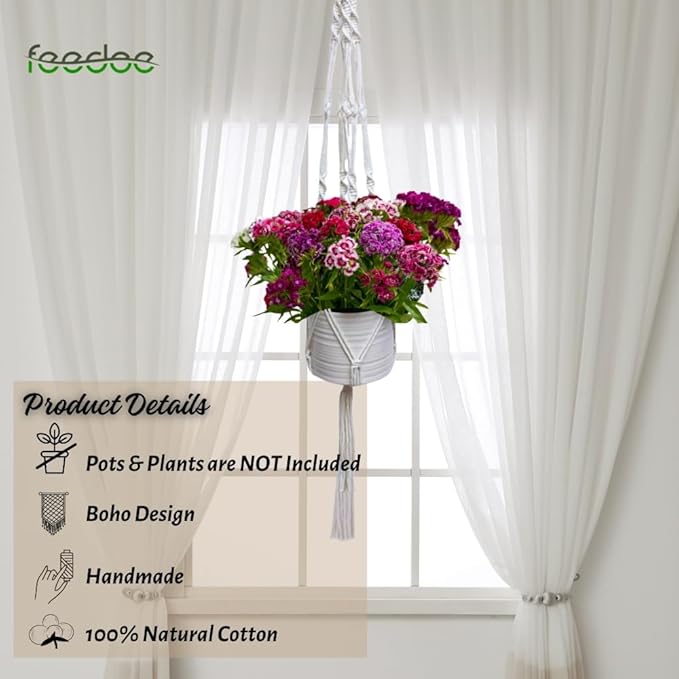 3 Pack Macrame Plant Hanger Indoor Hanging Planter for Plants Holder, Hanging Pot Holder Macrame Decorative Flower Pot Holder with 3 Hooks for Indoor Outdoor Boho Home Décor, Ivory (POTS NOT INCLUDED)