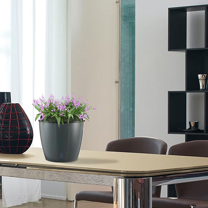 Planterhoma 6.7 Inch Self Watering Pots for Indoor Plants, 6 Packs African Violet Pots with Water Indicator and Black Wick Pots, Self Watering Planters for Devil's Ivy, Indoor Plant Pots, Grey Gold