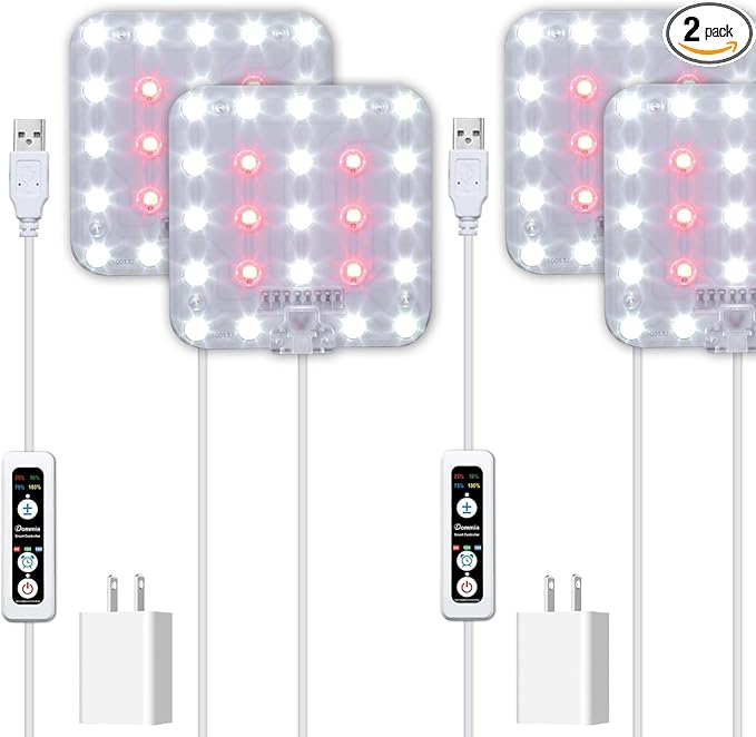 DOMMIA Grow Light, Square 4 Dimmable Full Spectrum High PPFD with Optical Lens, Auto on/Off and 6/12/16H Timer, Suitable for Seed Starting and Easy to Install, 2 Pack