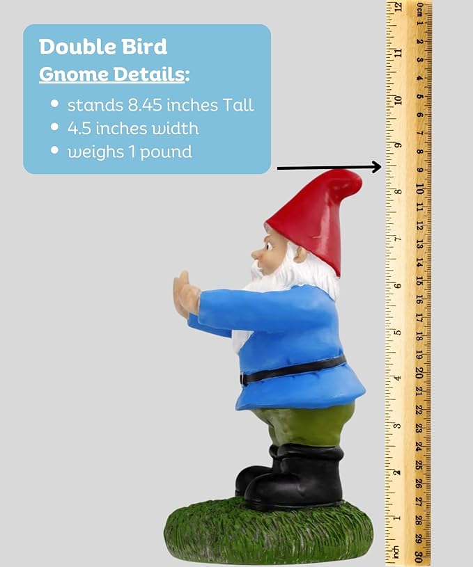 Gnometastic Middle Finger Gnome, 8.45in Tall - The Original Double Bird Garden Gnome Statue - Outdoor Funny Gnome Decoration and Lawn Ornament