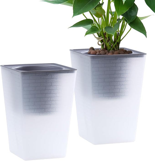 Self Watering Planter 2 Pieces 6 Inch, Plastic Flower Pots with Inner Pot Indoor Plants Brick Pattern Flowerpot for Indoor Plants, African Violets, Flowers, Herbs (Hazy White)