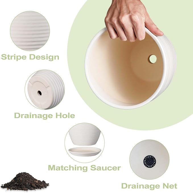 12 Inch Ceramic Planter Pot, Large Planter Pot with Drainage Hole and Saucer Round Flower Pot for Indoor Outdoor Plants, White