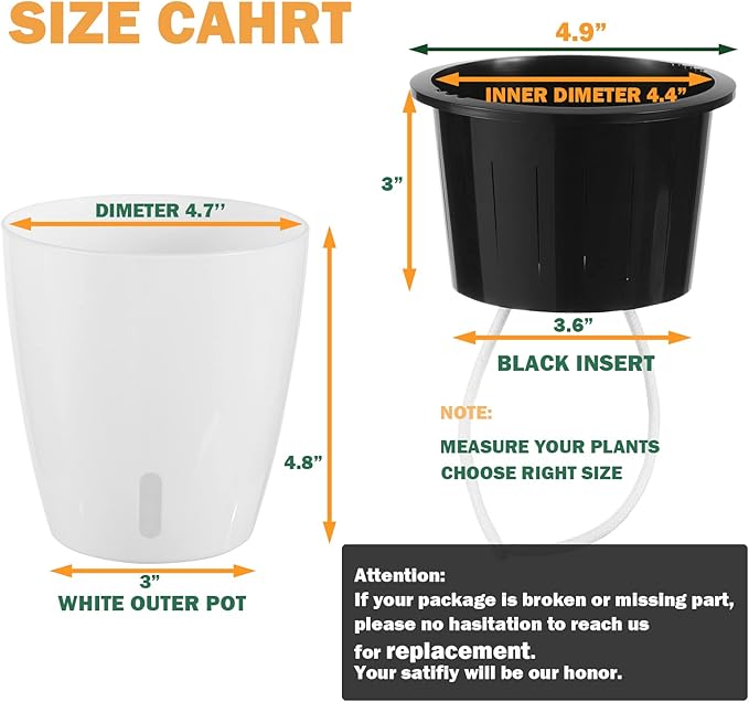 Planterhoma 5 Inch Self Watering Pots for Indoor Plants, 6 Packs White African Violet Pots with Water Indicator and Black Wick Pots, Self Watering Planters for Devil's Ivy, Indoor Plant Pots