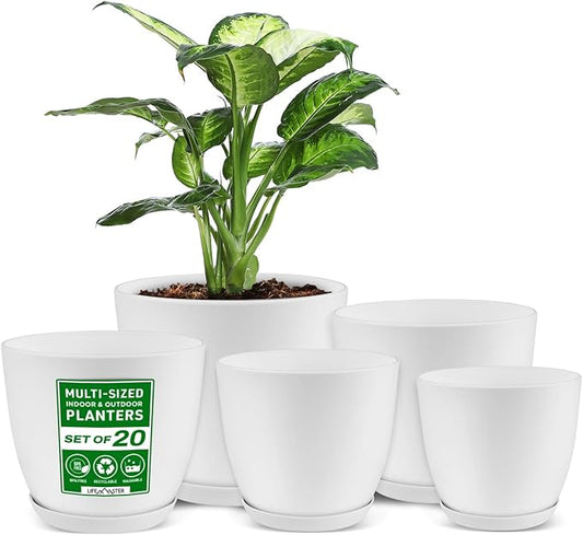 Eco Friendly Plant Pot Set -20-Pack Home Decor Flower Indoor and Outdoor Plastic Pots with Drainage Holes, Assorted Sizes (7", 6.6", 6", 5.3", 4.8") - Stackable Garden Versatile Planters