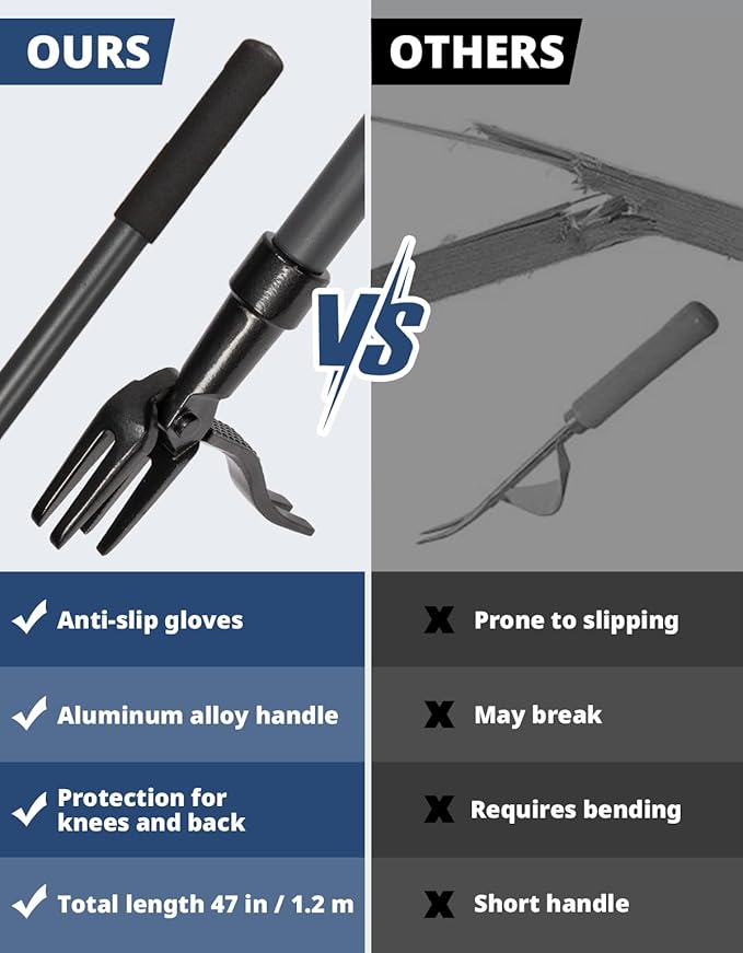 DEERFAMY Stand Up Weed Puller Tool with Long Handle, Garden Weeder Tool with 4-Claw Steel Head Design, Manual Weeder with 3-Metal Structure, Effortless Weeding Without Bending, for Dandelions, Orange