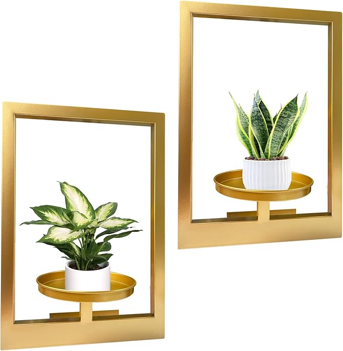 Picture Frame Plant Holder, Window Planter Hanger Shelves,Wall Mount Plants shelf Indoor Outdoor, Metal Hanging Planters Stand Decor,Modern Floating Ornament Rack Art for Home & Garden (Gold 2pc)