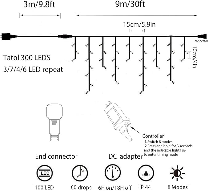 YASENN 300Led Icicle Style String Lights 29.5FT,Update Connectable 8 Lighting Modes with Timer Icicle Lights for Home Garden Outdoor Indoor Eave Decor (Cool White LED White Cable)