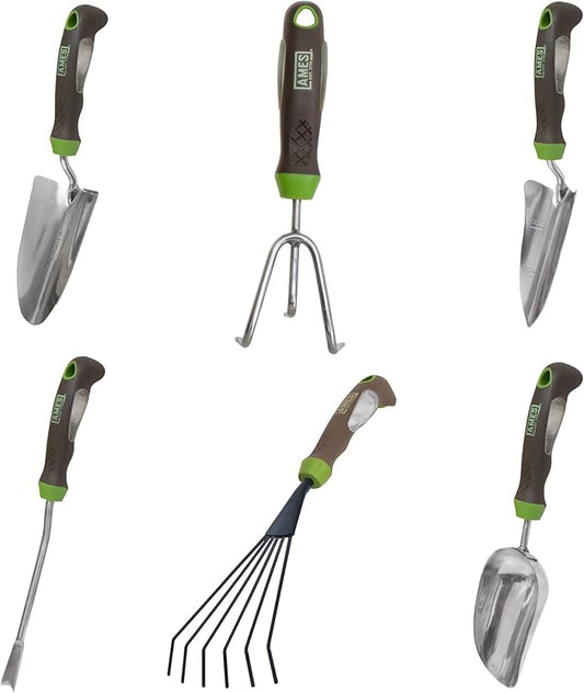 AMES 24451009 6-pc. Ergo Gel Grip Garden Tool Set with Hand Trowel, Weeder, Rake, Transplanter, Scoop & Cultivator