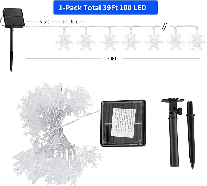 Solar Christmas Snowflake String Lights 100 LED 39 Feet Outdoor Waterproof Fairy Lights with 8 Lighting Modes for Wedding, Party, Tree, Room, Garden, Patio, Yard, Home, Pure White