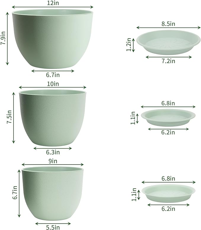GARDIFE 12/10/9 inch Plant pots, Large planters for Indoor Plants, Flower pots, Green