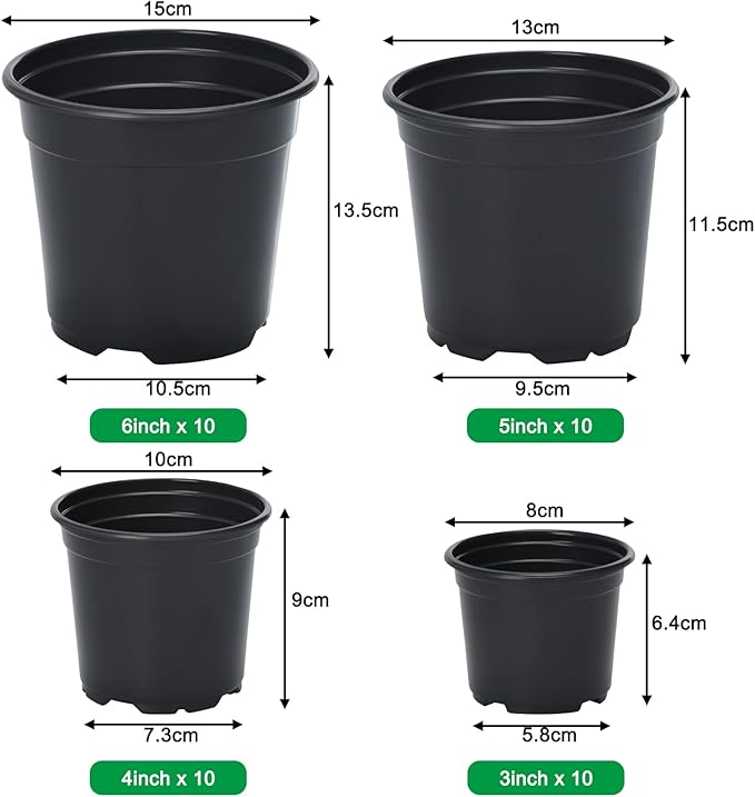 Whonline 40pcs Plastic Nursery Pots Variety Pack, 3/4/5/6 Inch Black Round Seedling Pots with Drainage Holes, Plastic Starter Pots for Planting Seeds, Flower, Succulent, Indoor Plants